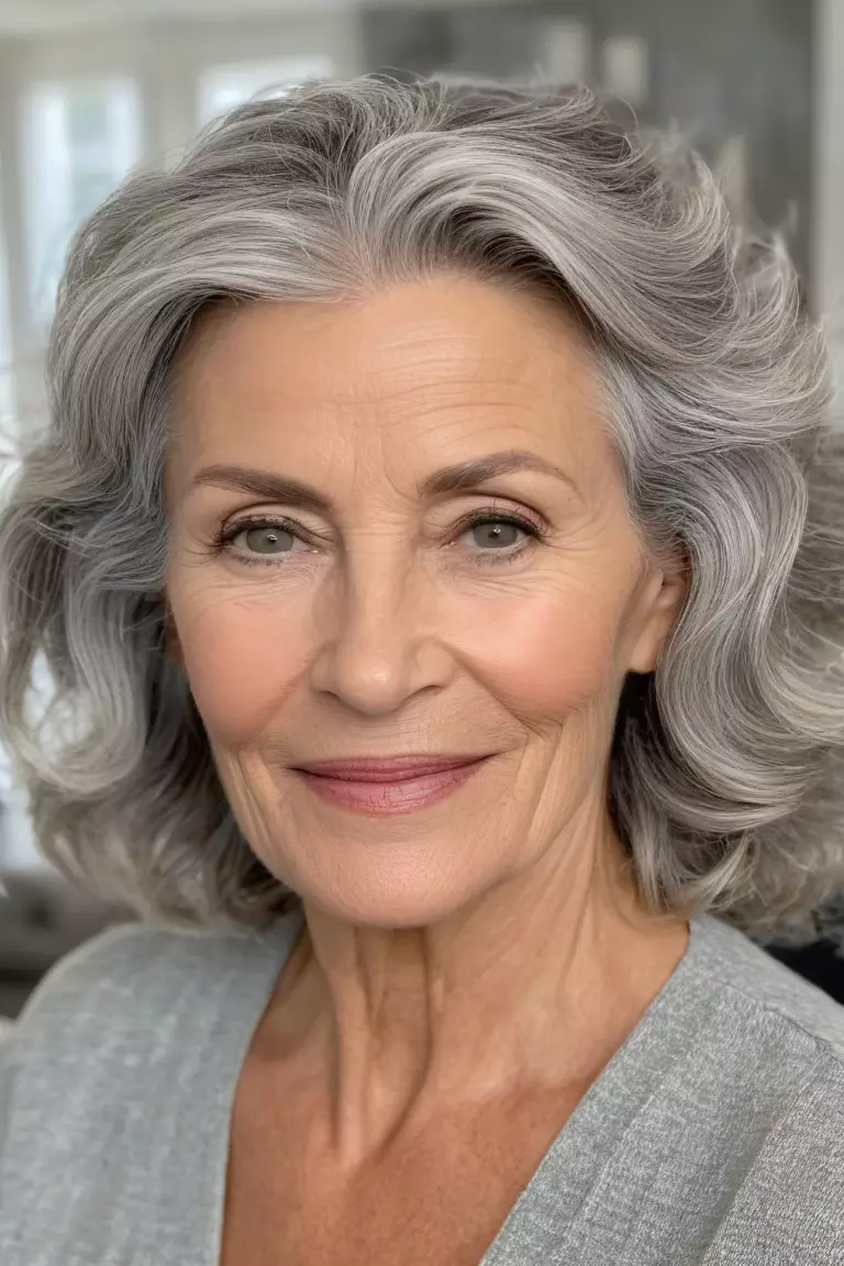A photo of a 59-year-old Maria, soft gray waves, front view, living room background