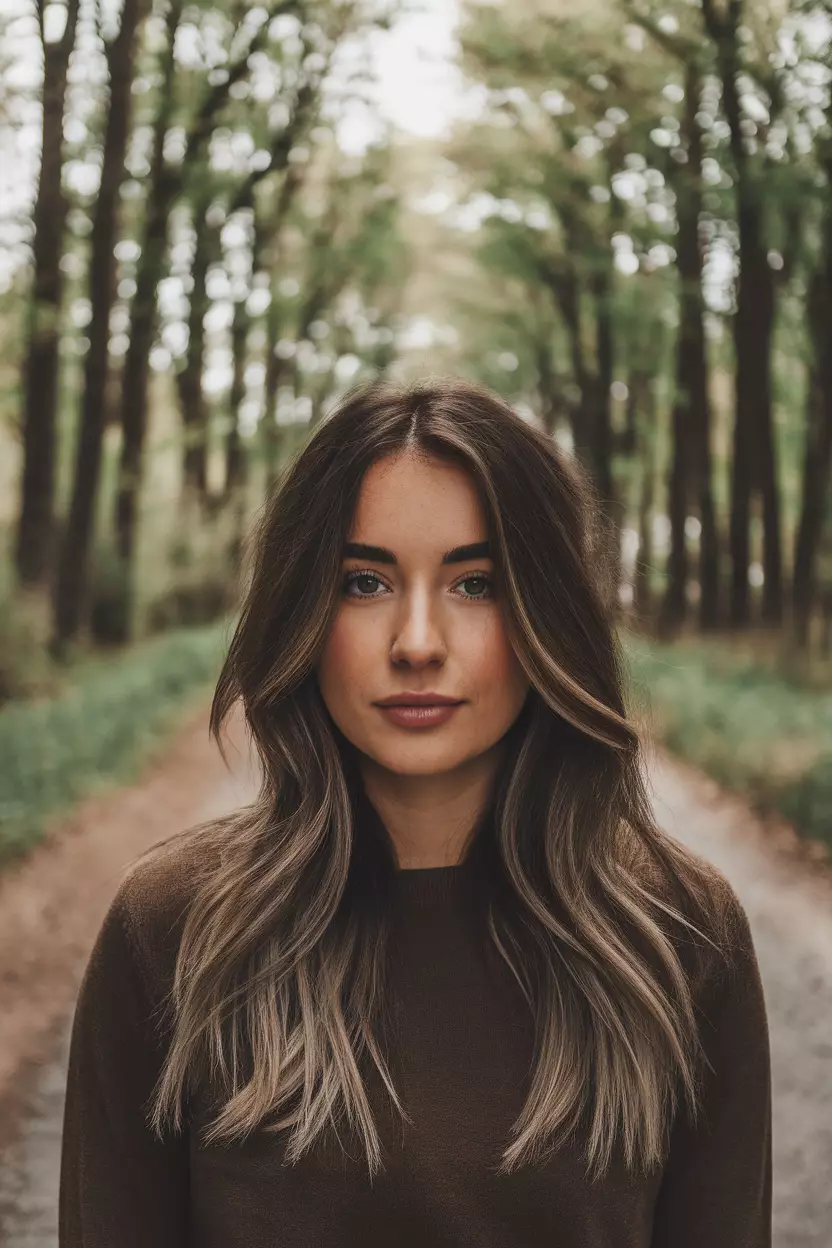 Cool Mushroom Brown A beautiful woman with dark brown hair showcasing cool, ashy mushroom brown highlights, Side view, forest path background