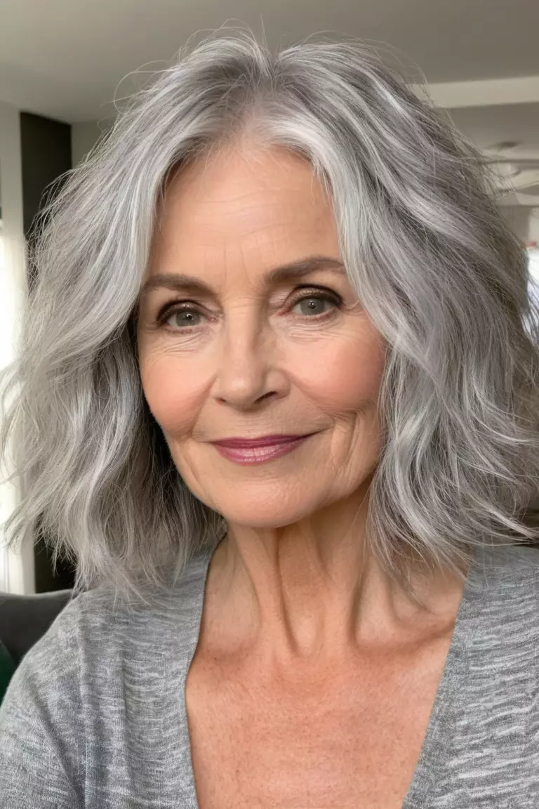 A photo of a 57-year-old Abigail, with a tousled silver lob, Front view, living room background