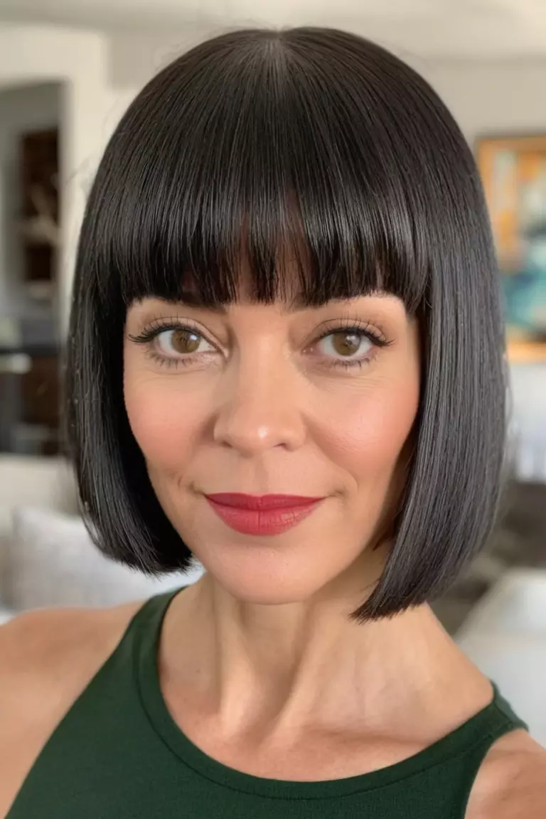 A photo of a 41-year-old Aria, Blunt Bob with Bangs, thin hair, Front view, living room background