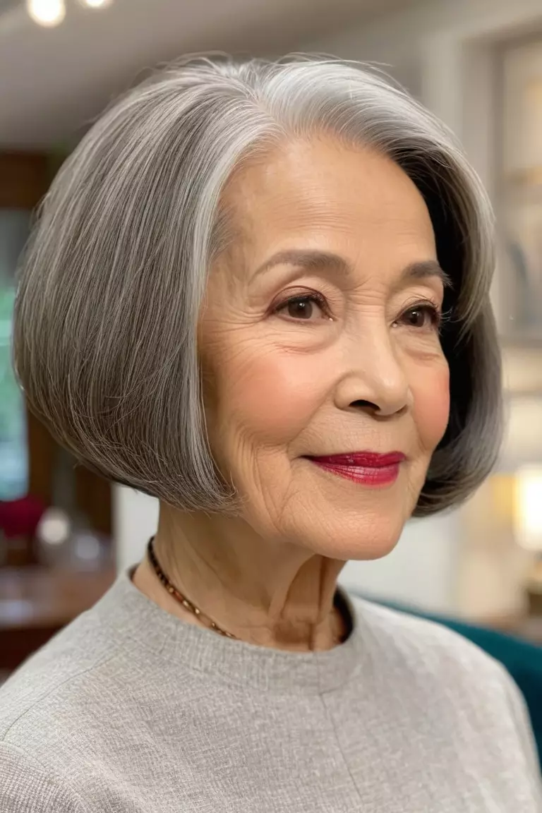 Chin-Length Bob with Side Part A photo of a 75-year-old Patricia, chin-length bob with side part hairstyle, side view, living room background.