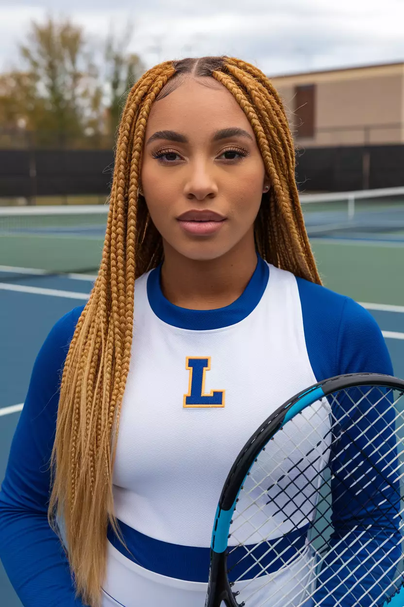 A beautiful woman with a Boxer Braids hairstyle, front view, outdoor sports court background