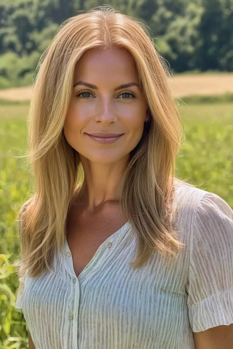 Golden Blonde A photo of a 35-year-old Sophia, Golden Blonde straight hair, Front view, summer field background