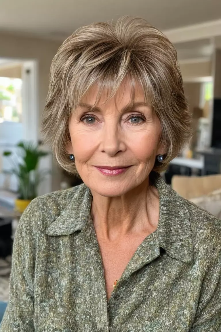 A photo of a 72-year-old Sarah, Short Shaggy Cut, Front view, living room background