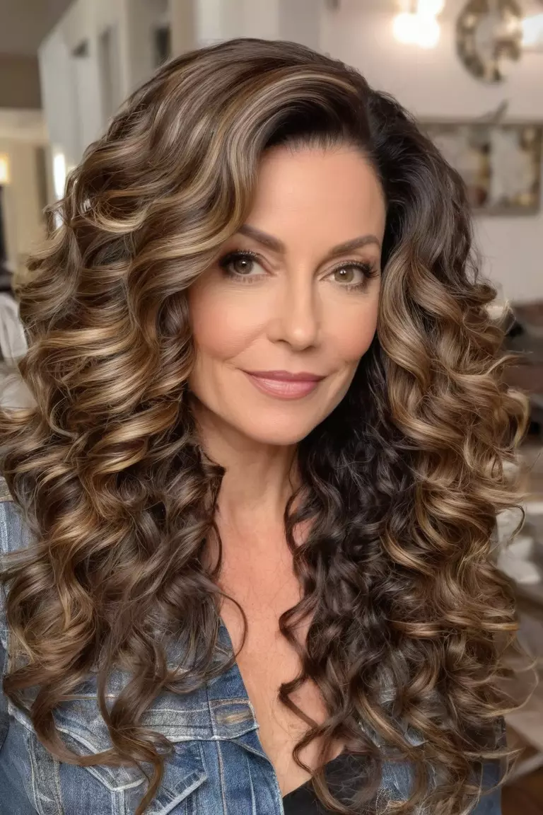 A photo of a 48-year-old Ashley, with thick, long curls and a deep side part, Side view, living room background