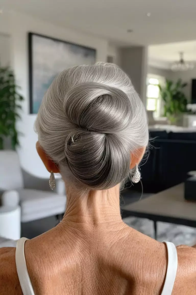A photo of a 74-year-old Amanda, low silver chignon, back view, living room background