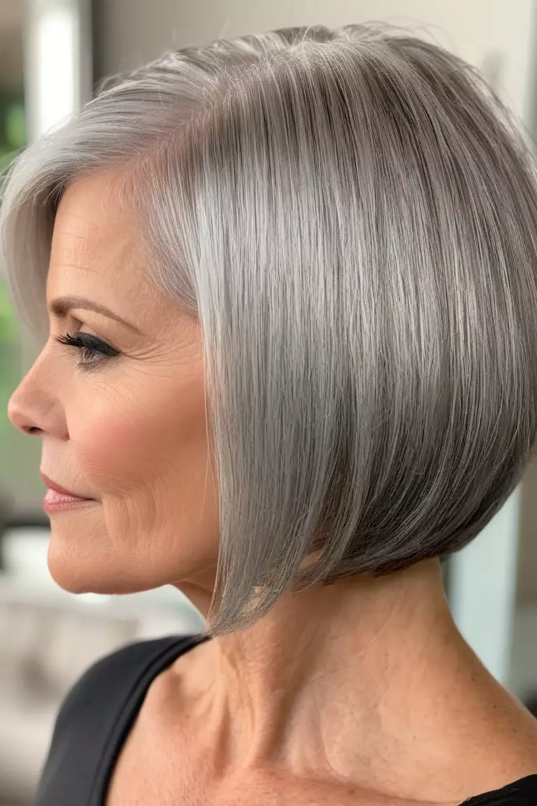 A photo of a 56-year-old Sarah, Silver Pixie Bob for Straight Hair, fine hair, Side view, living room background