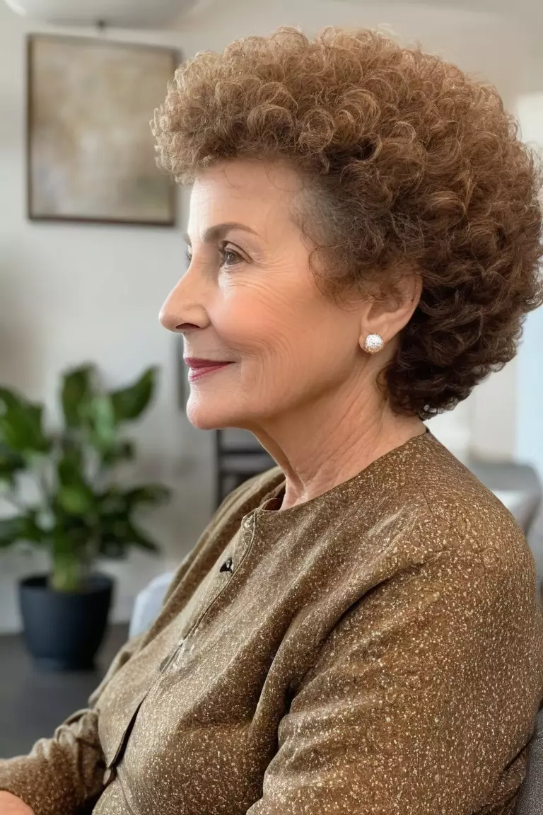 A photo of a 73-year-old Sandra, Tapered Natural Curls, Side view, living room background