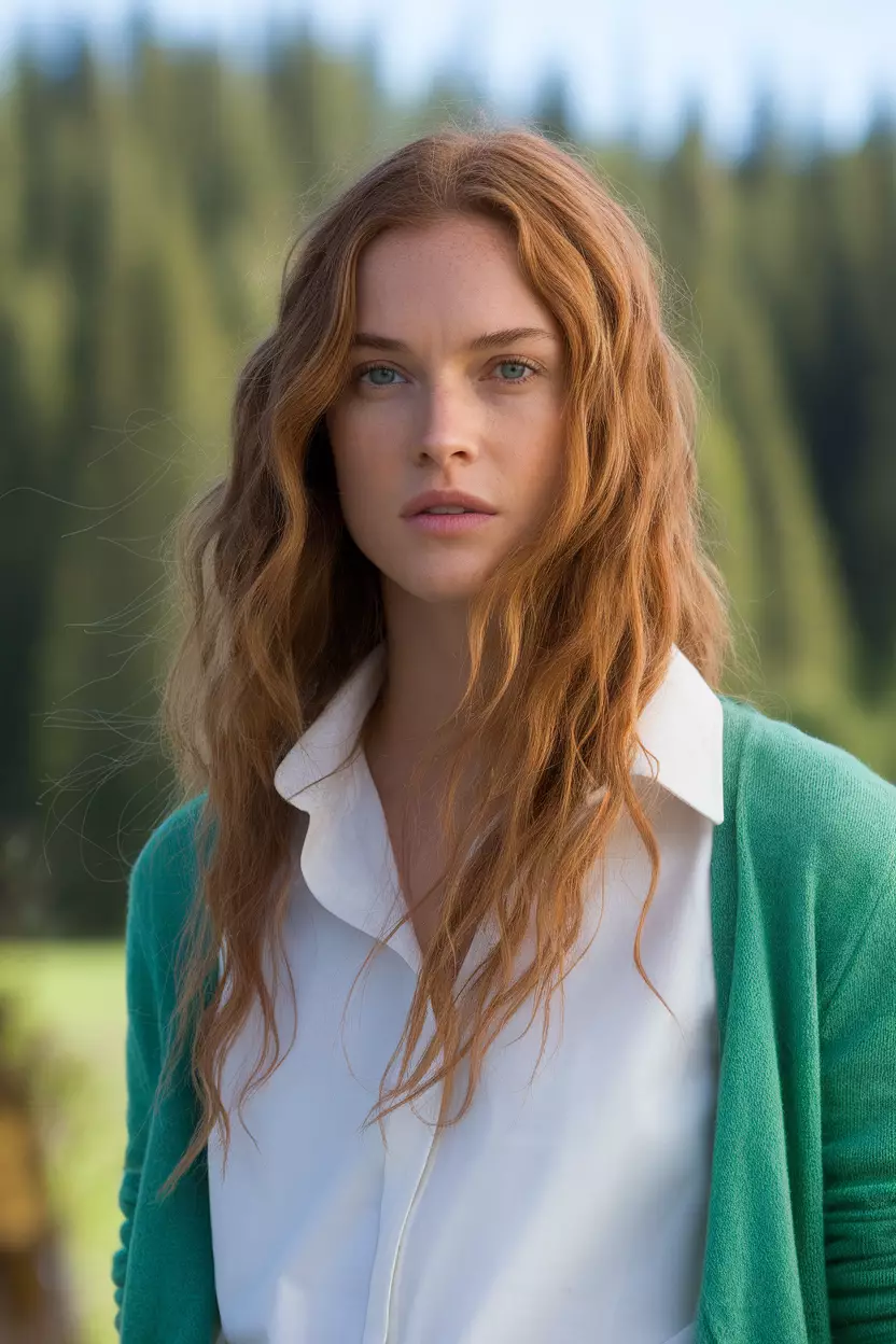Strawberry Blonde A beautiful woman with long, slightly wavy strawberry blonde hair, Front view, summer background