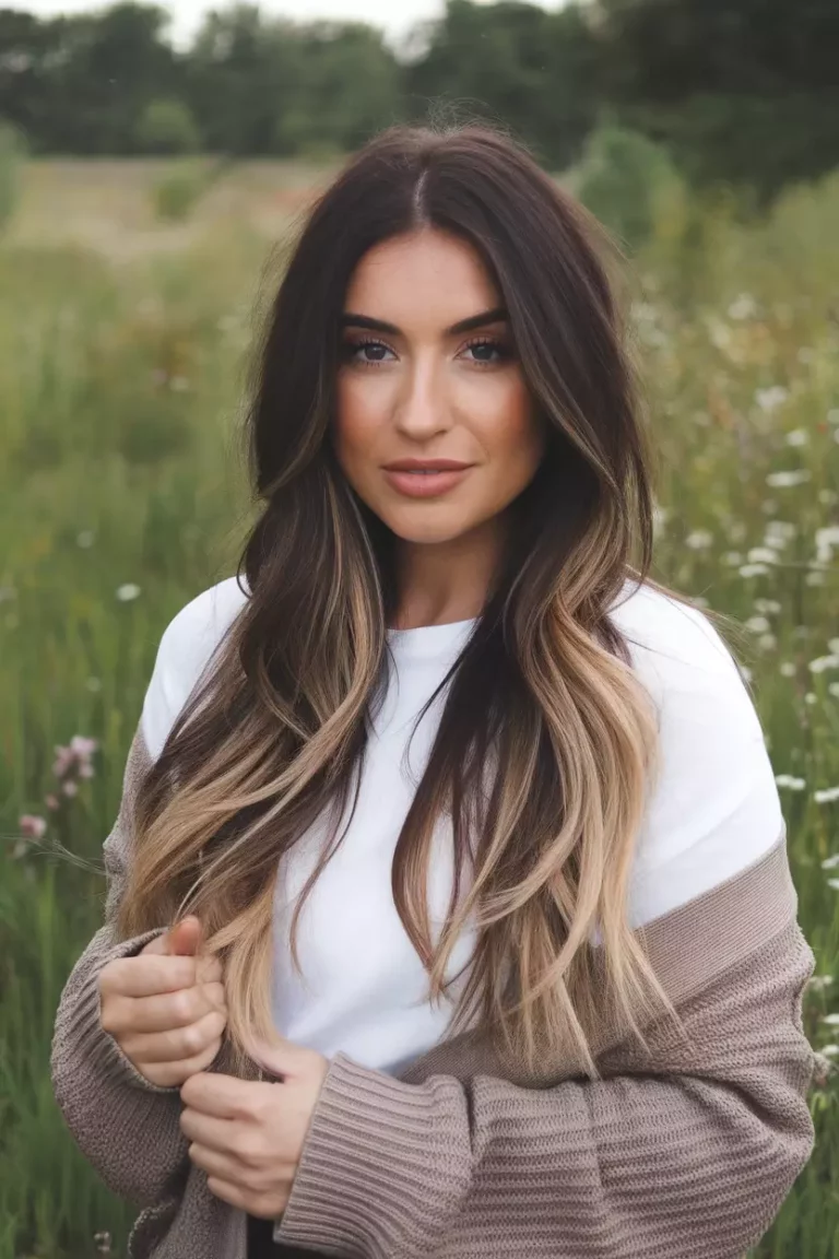 A beautiful woman with long dark brown hair featuring light blonde balayage highlights, Back view, summer background