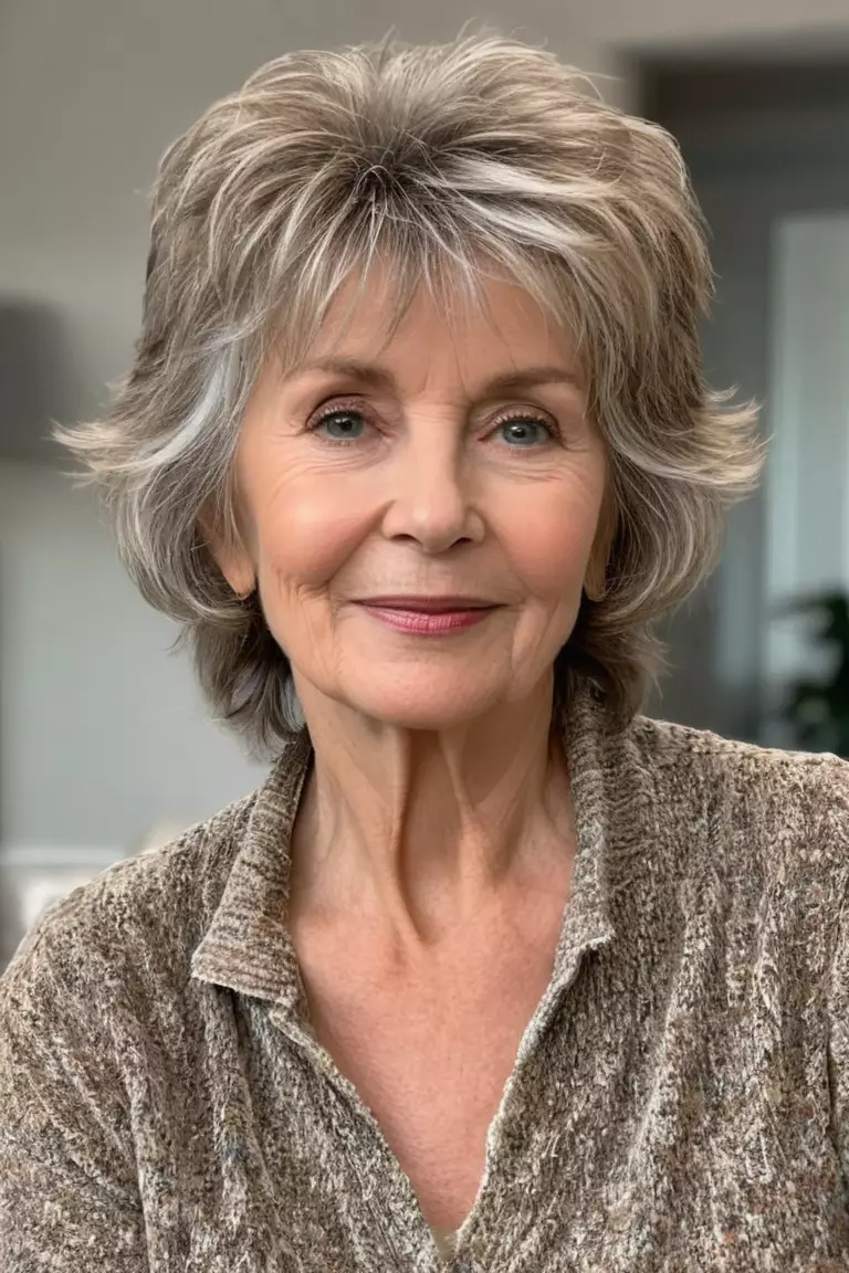 A photo of a 68-year-old Elizabeth, with a casually tousled shag hairstyle, Front view, living room background