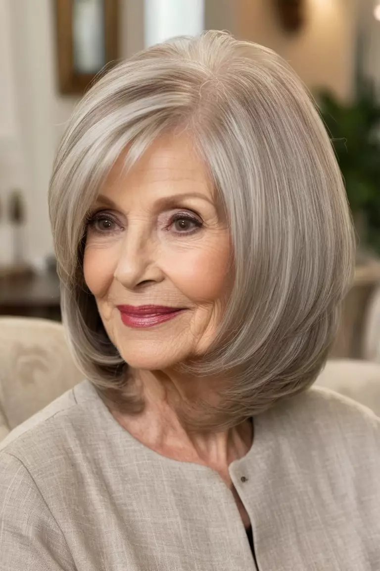 Layered Long Bob with Flipped Ends A photo of a 78-year-old Brenda, layered long bob with flipped ends hairstyle, side view, living room background.
