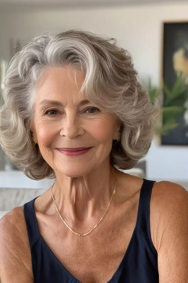Cropped Waves A photo of a 68-year-old Cynthia, fine hair, Cropped Waves, Front view, living room background