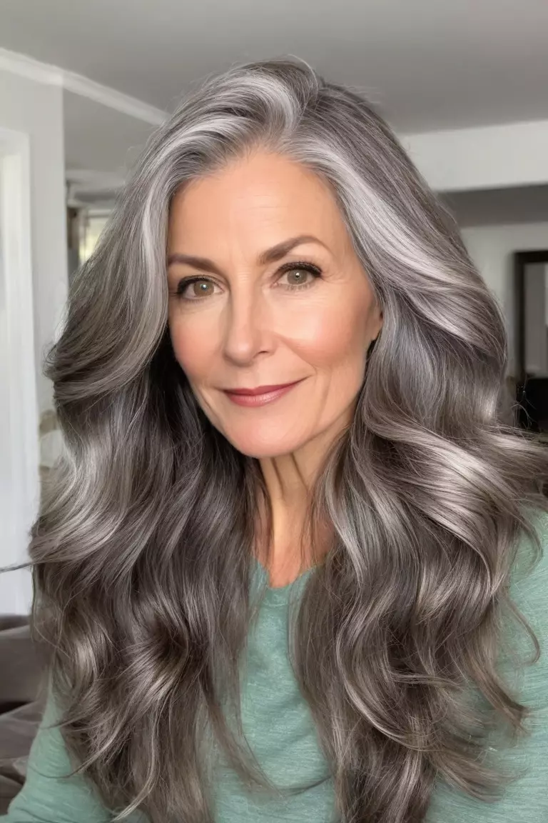A photo of a 47-year-old Laura, with voluminous ash silver brown waves in her long hair, Front view, living room background