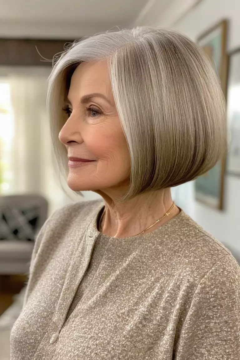 Side-Parted Bob A photo of a 72-year-old Karen, side-parted bob hairstyle, side view, living room background.
