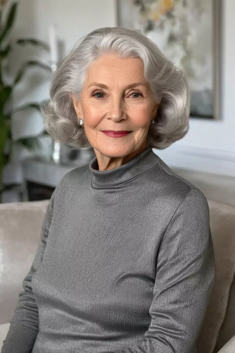 A photo of a 72-year-old Sandra, medium-length silver waves, front view, living room background