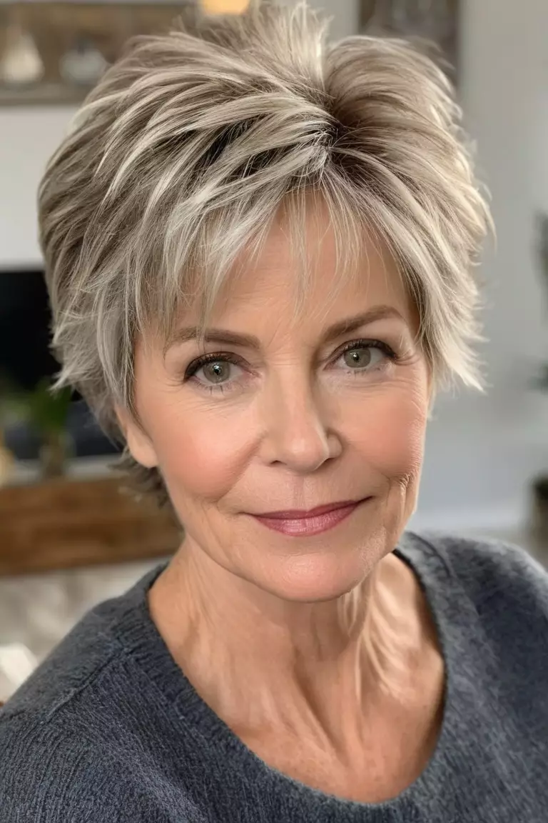 Tousled Pixie A photo of a 62-year-old Sharon, fine hair, Tousled Pixie, Front view, living room background