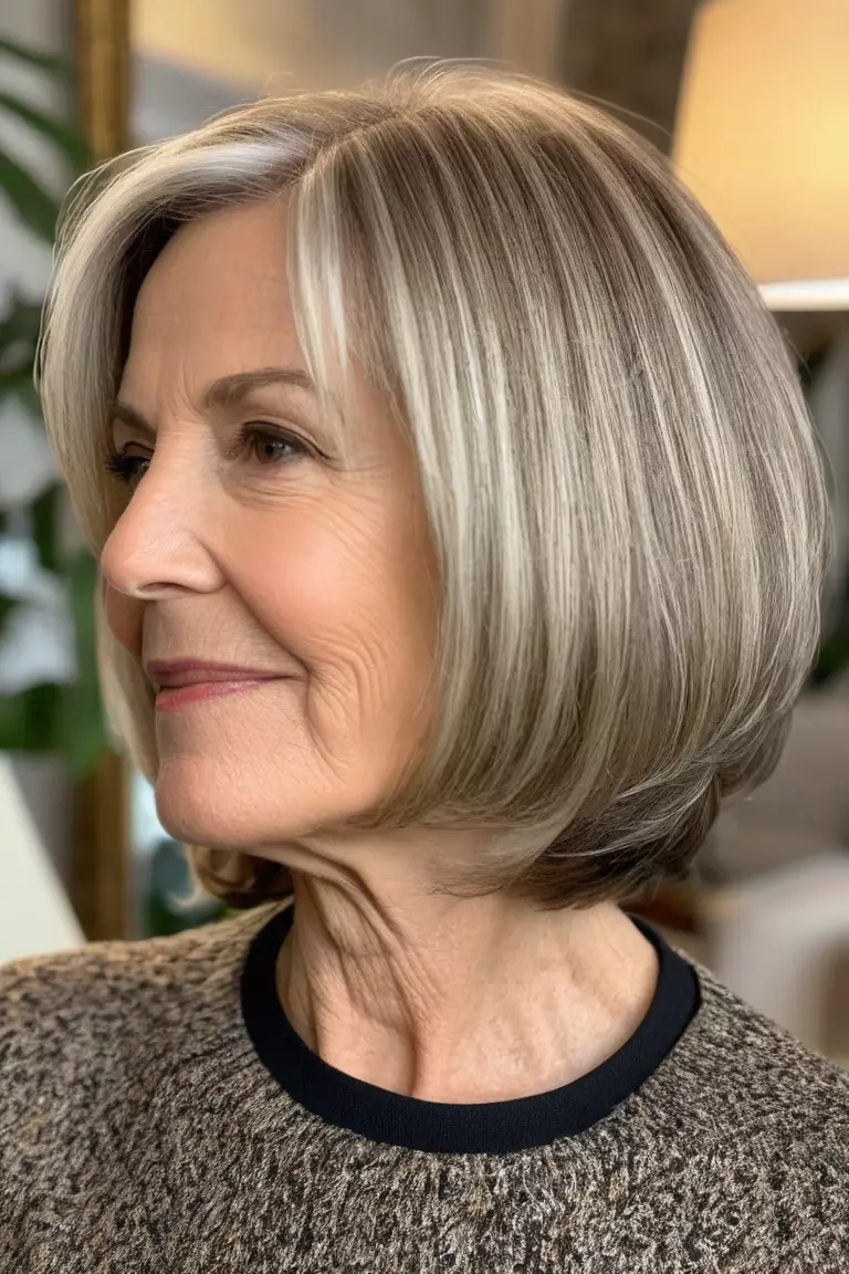 Chin-Length Layered Bob A photo of a 69-year-old Sandra, fine hair, Chin-Length Layered Bob, Side view, living room background