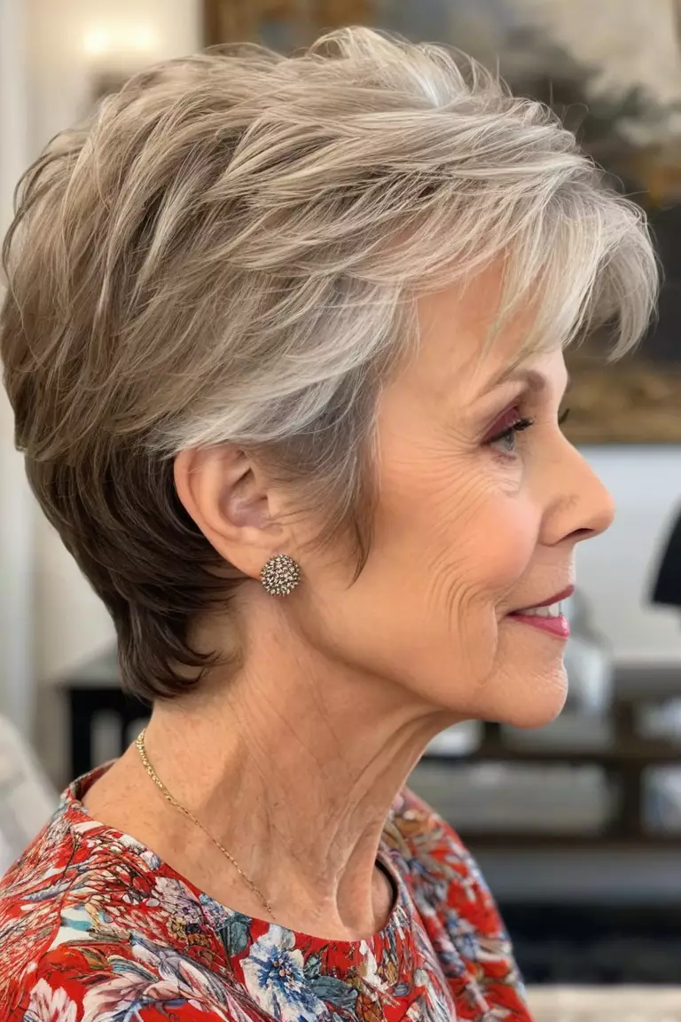 Long Side Swept Pixie A photo of a 70-year-old Kimberly, long side-swept pixie hairstyle, side view, living room background.