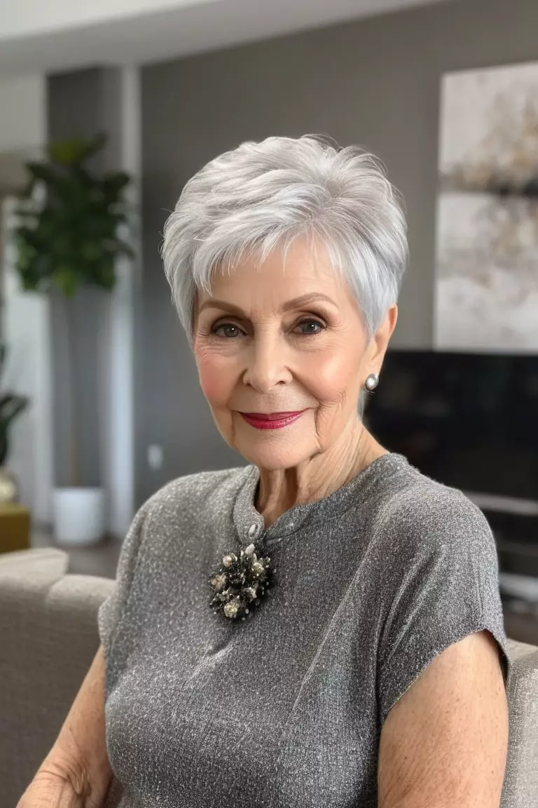 Silver Pixie A photo of a 78-year-old Lisa, silver pixie hairstyle, front view, living room background.
