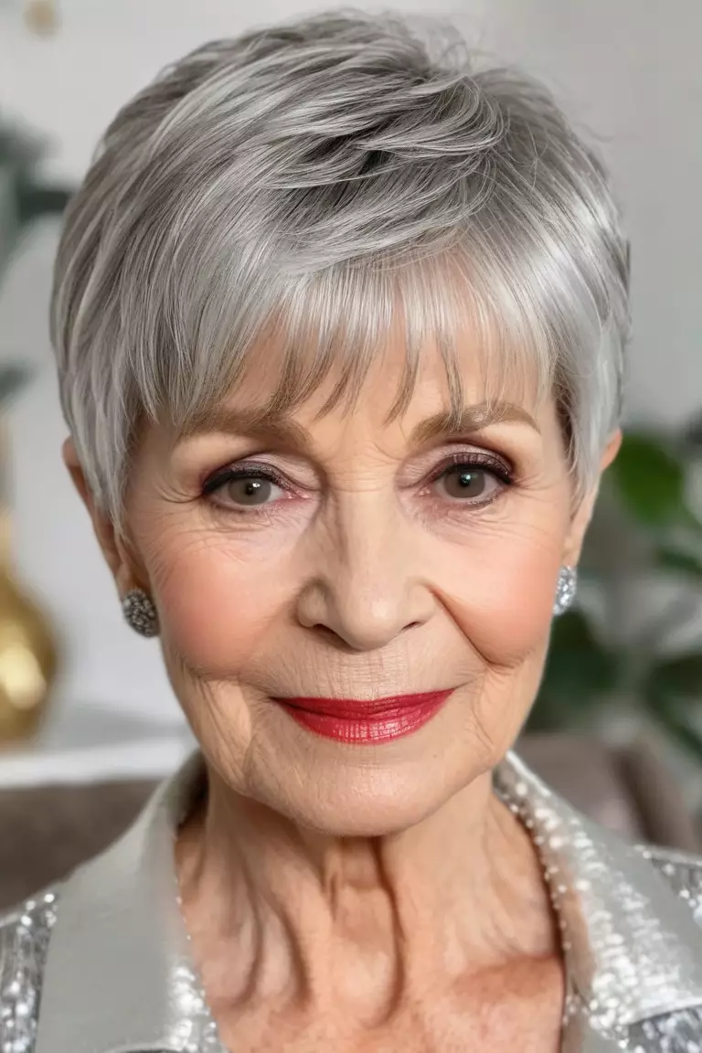 A photo of a 79-year-old Jennifer, silver pixie with cropped bangs hairstyle, front view, living room background.