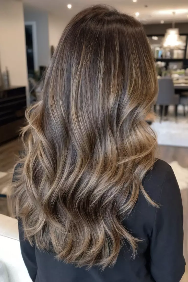 A photo of a 44-year-old Riley, Medium-Length Layers with Ash Brown Balayage, thin hair, Back view, living room background