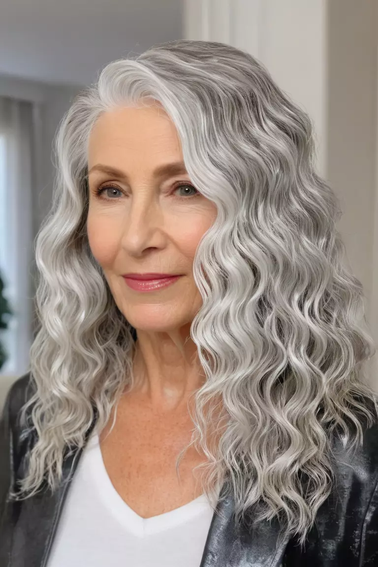 A photo of a 52-year-old Hazel, with silver white wet-look waves, Front view, living room background