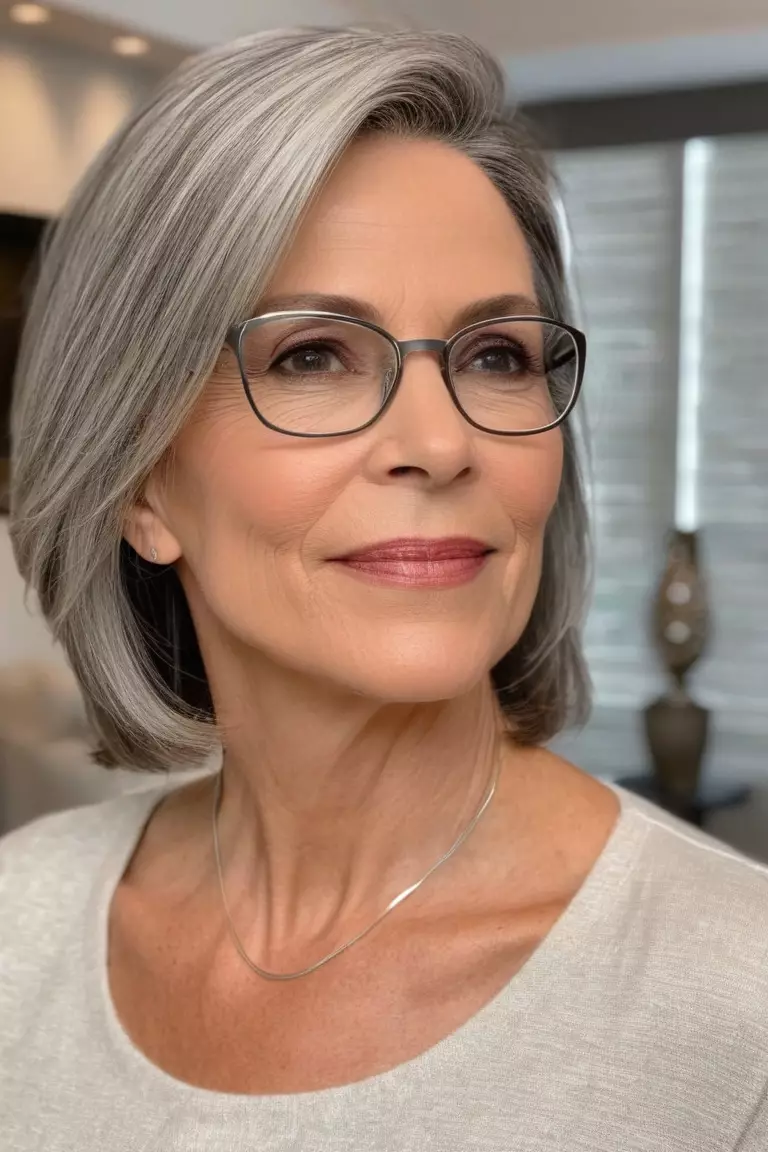 Tapered Silver Layers A photo of a 54-year-old Jennifer with glasses, Tapered Silver Layers, Side view, living room background