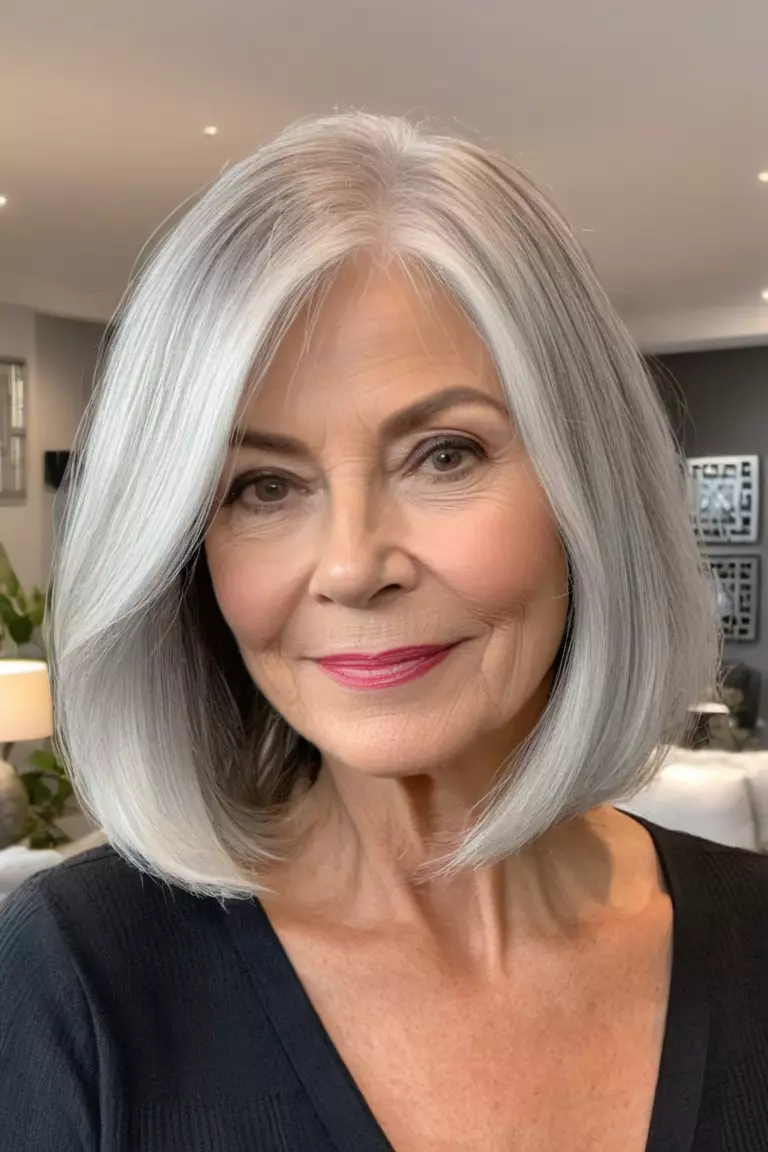 A photo of a 59-year-old Aria, with a silver blonde lob, Front view, living room background