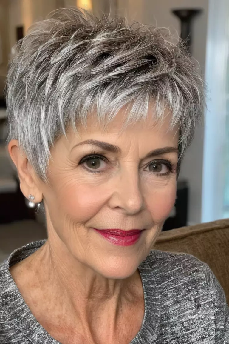 A photo of a 61-year-old Susan, showcasing a short silver shaggy pixie cut, Front view, living room background