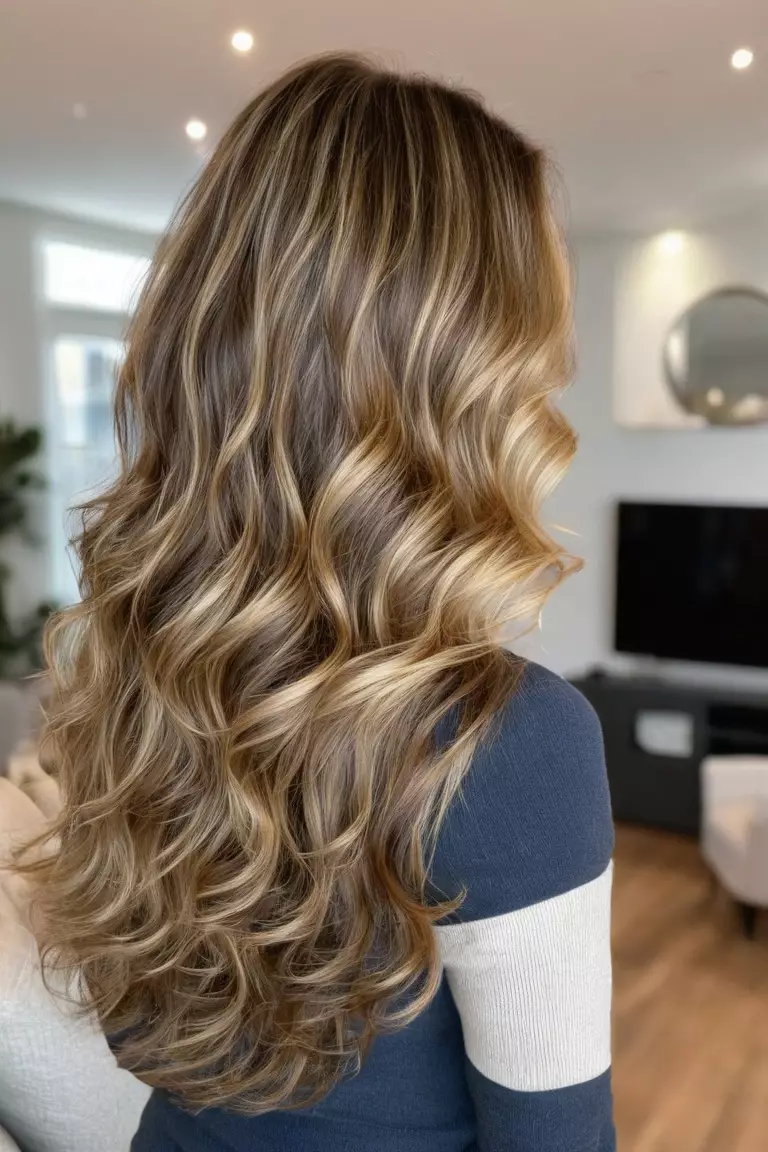 A photo of a 49-year-old Amelia, Long Soft Wavy Layers with Highlights, thin hair, Back view, living room background