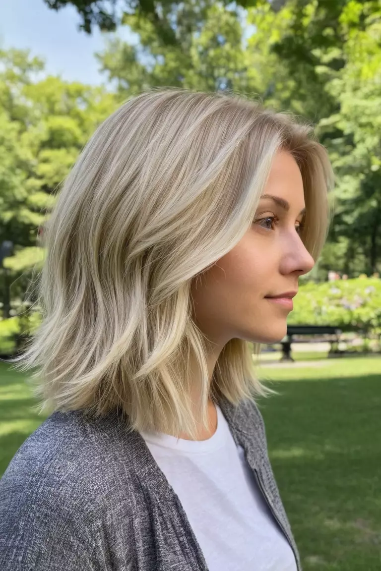 Ash Blonde A photo of a 29-year-old Maya, Ash Blonde medium-length hair with layers, Side view, summer park background