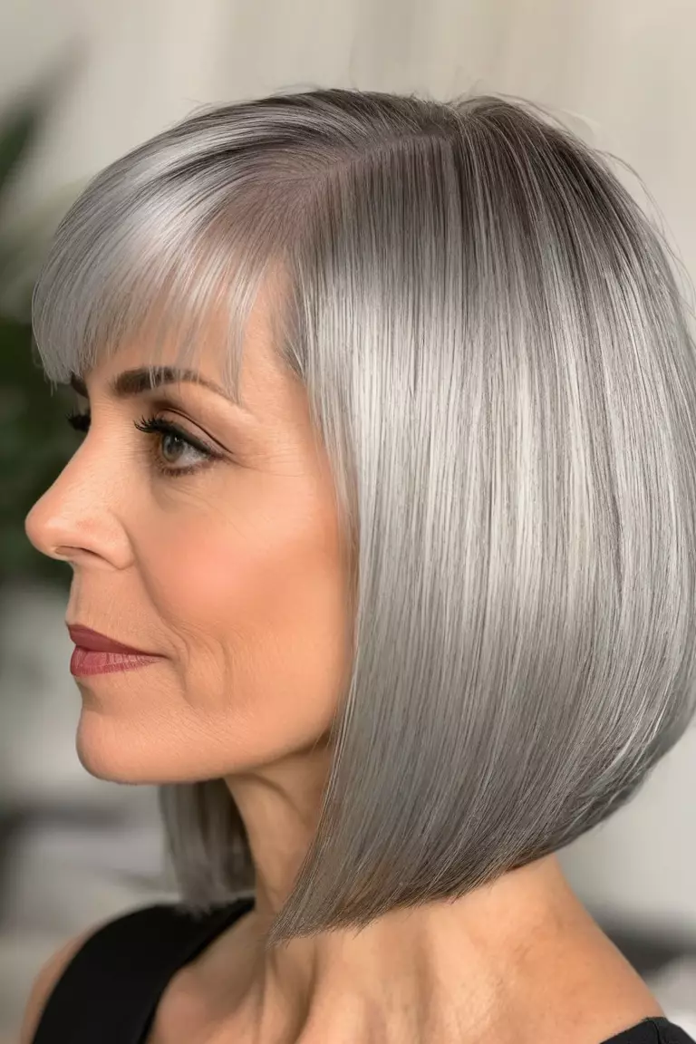 A photo of a 43-year-old Aubrey, Angled Silver Bob, thin hair, Side view, living room background