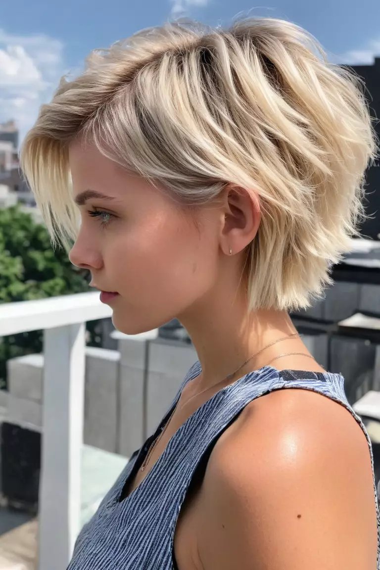 Cool Blonde A photo of a 23-year-old Scarlett, Cool Blonde short shag cut, Side view, summer rooftop background