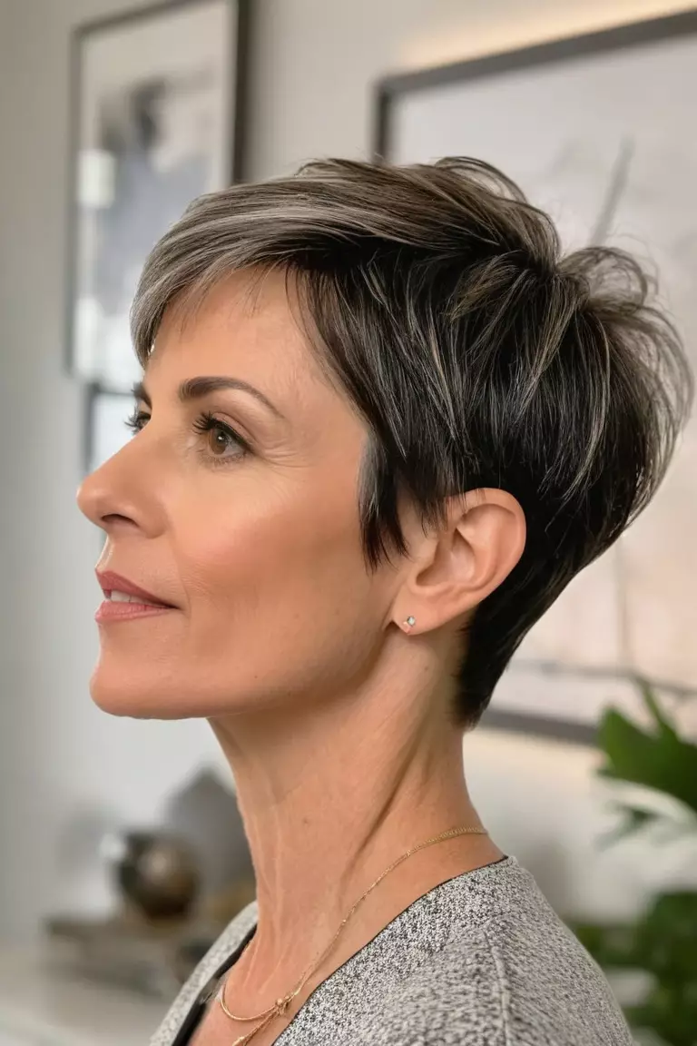 A photo of a 45-year-old Penelope, Tapered Pixie, thin hair, Side view, living room background