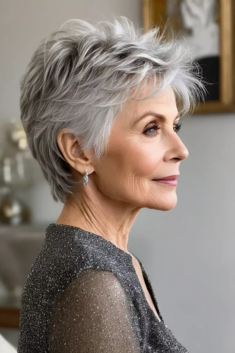 A photo of a 61-year-old Elizabeth, with a tousled silver pixie hairstyle, Side view, living room background