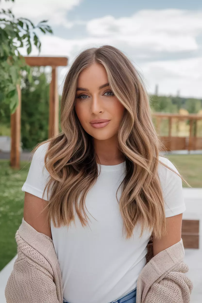 Blonde Highlights on Light Brown Hair A beautiful woman with light brown wavy hair showcasing subtle blonde highlights throughout, Front view, summer background