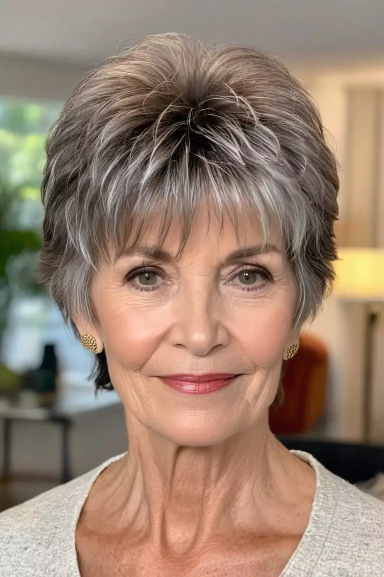 A photo of a 67-year-old Lisa, sporting a neatly cropped shag haircut, Front view, living room background