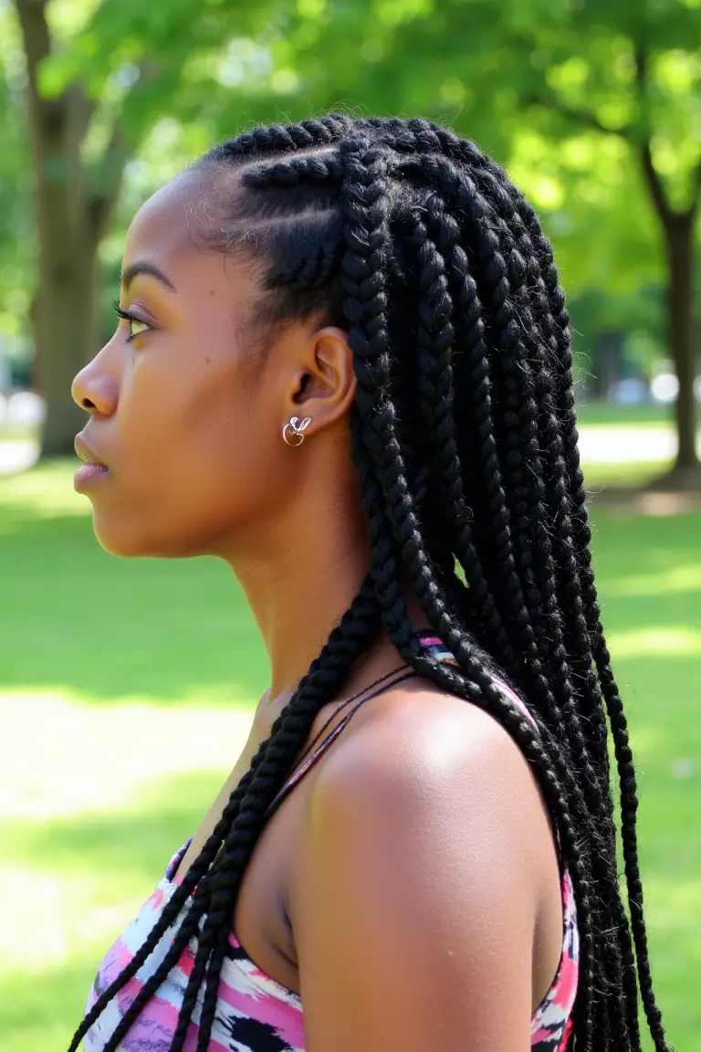 A beautiful black woman with medium-length box braids, side view, bright park background