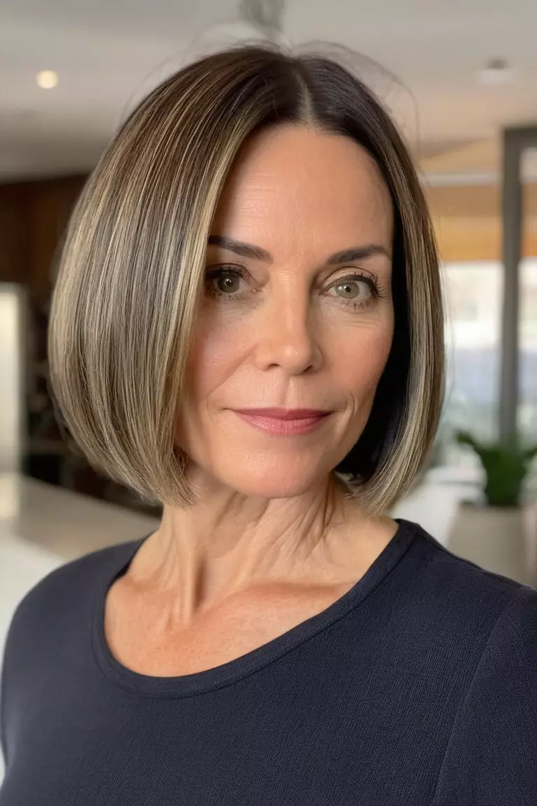 A photo of a 40-year-old Nora, Highlighted Bob, thin hair, Front view, living room background