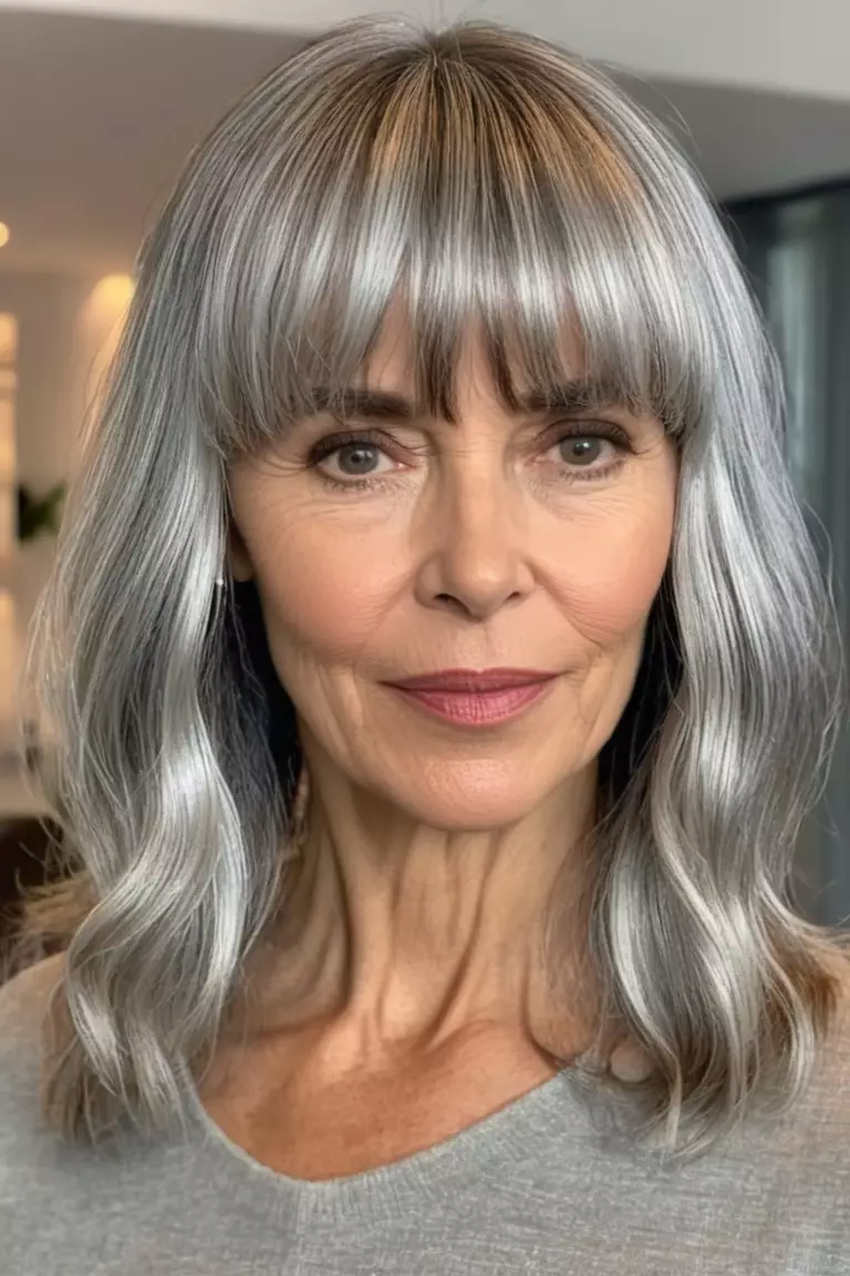 A photo of a 51-year-old Sofia, with silver waves with bangs for thin hair, Front view, living room background