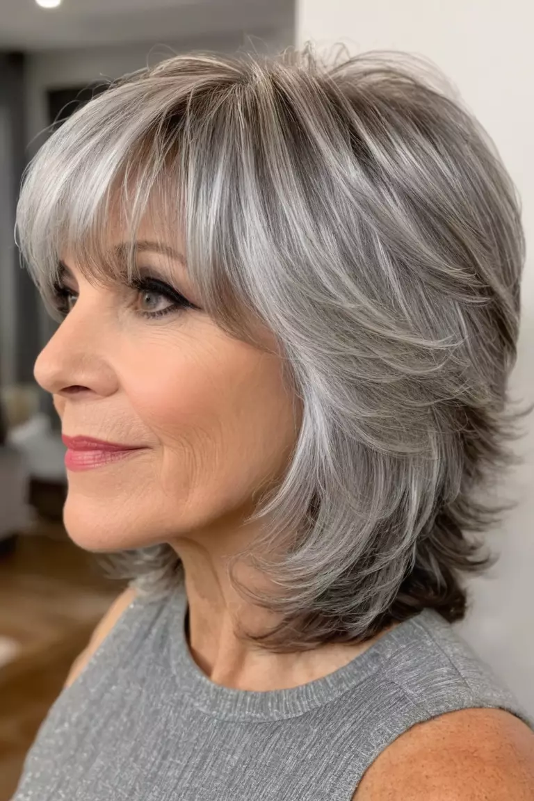 A photo of a 52-year-old Brooklyn, with silver layers with side-swept bangs, Side view, living room background