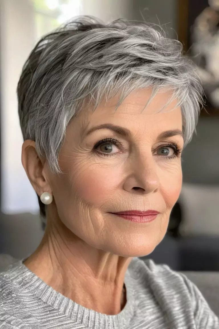 A photo of a 60-year-old Diane, with a short layered gray pixie hairstyle, Side view, living room background