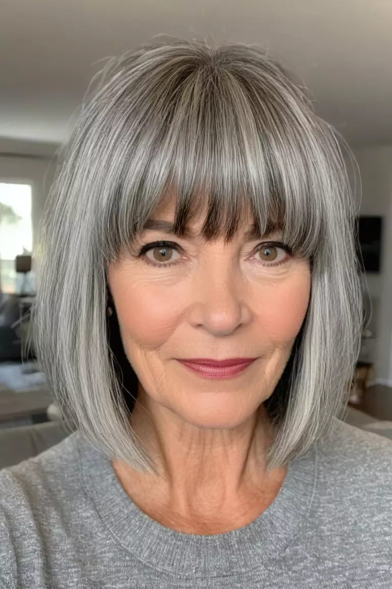 A photo of a 50-year-old Savannah, with a gray lob with bangs, Front view, living room background