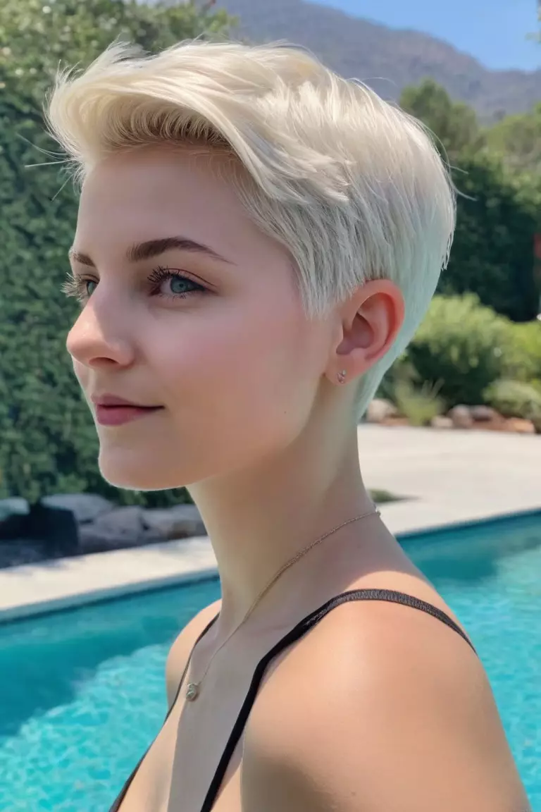 Icy Blonde A photo of a 25-year-old Amelia, Icy Blonde pixie cut, Front view, summer poolside background