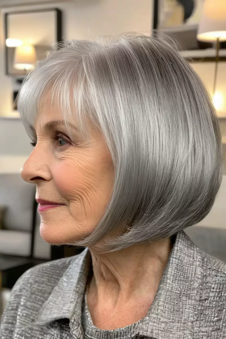 A photo of a 73-year-old Emily, silver layered bob, side view, living room background