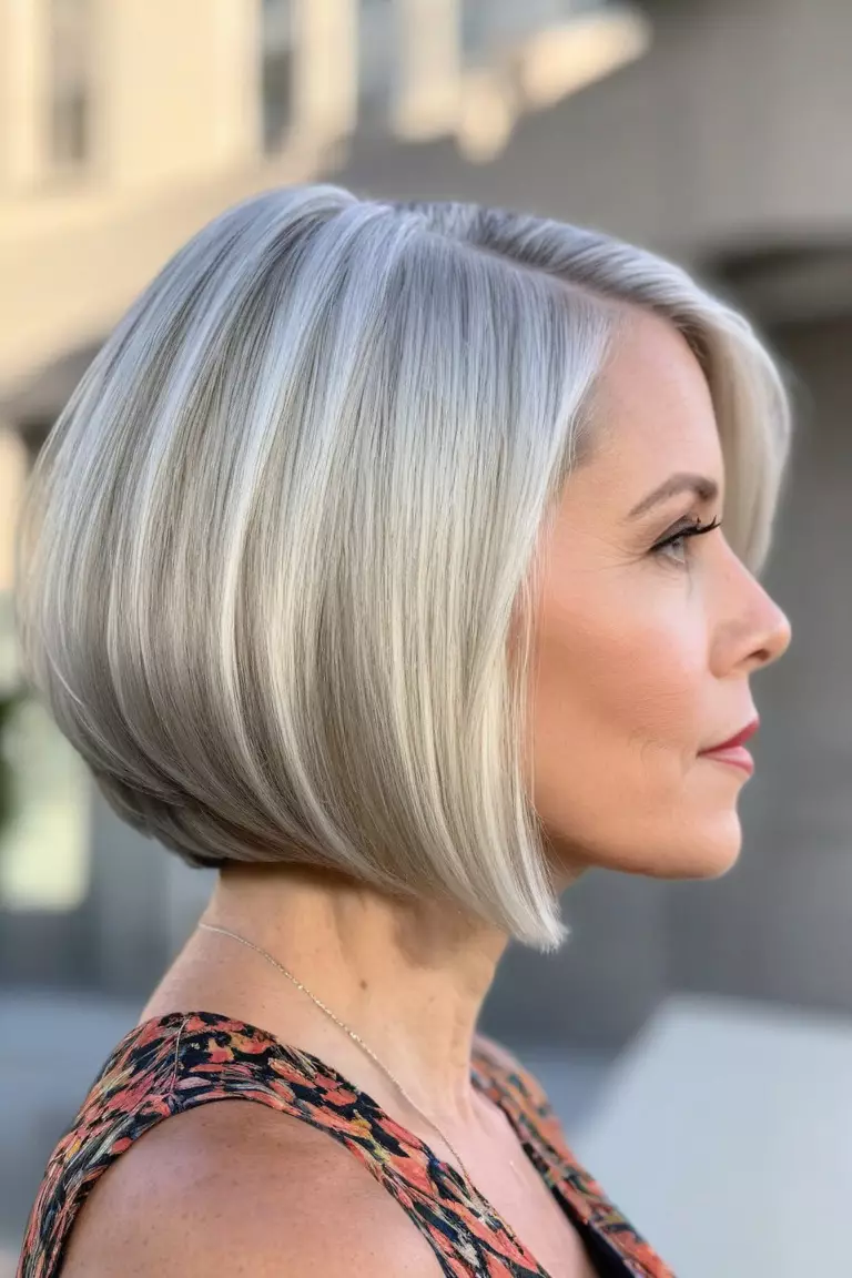 Silver Blonde A photo of a 42-year-old Zoey, Silver Blonde angled bob, Side view, summer art gallery background