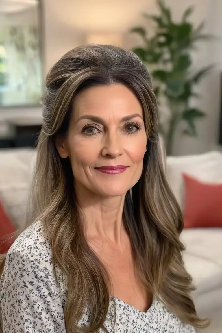 A photo of a 40-year-old Nancy, wearing her long hair in a half up, half down style, Front view, living room background