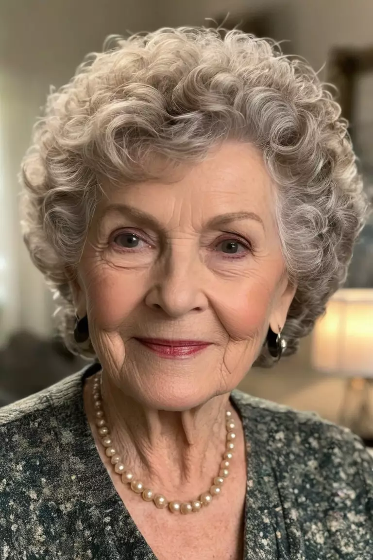 A photo of a 78-year-old Donna, Cropped Curls, Front view, living room background