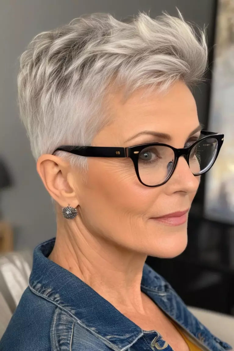 Cropped Pixie with Shaved Sides A photo of a 56-year-old Karen with glasses, Cropped Pixie with Shaved Sides, Side view, living room background